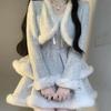 Autumn-Winter Fur Patchwork Puffy Strap Dress & Short Blue Jacket Fashion Set for Petites