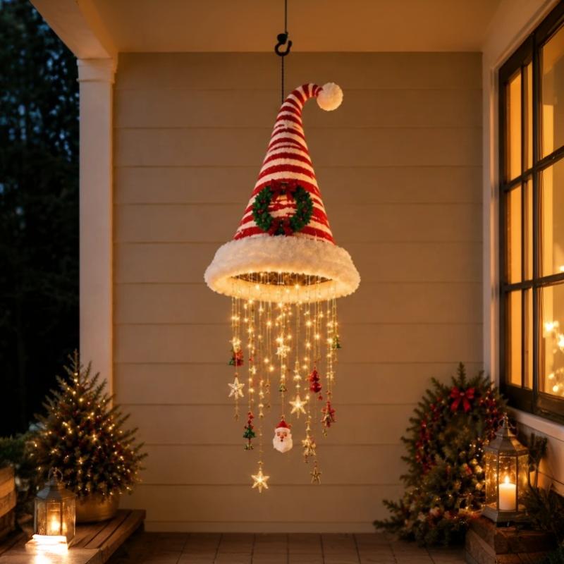 Led Santa Hat Hanging Light Christmas Hat Pendant Lamp With Tassel Bell Star Ornaments Xmas New Year Party Decoration Light