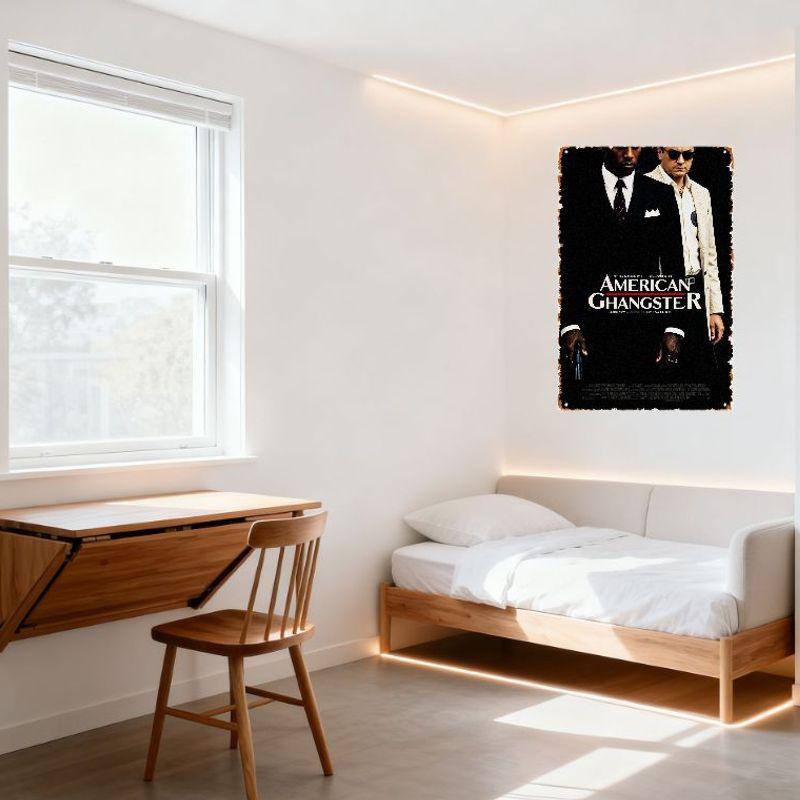 American Gangster Vintage Metal Tin Sign, Denzel Washington & Russell Crowe Crime Drama Poster, Rustic Aged Metal Border for Man