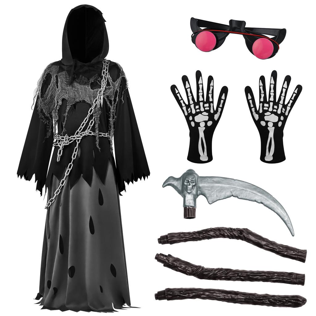 Joyfy Child Glowing Eyes Grim Reaper Costume, Phantom Costume for Kids Halloween Fancy Dress Up 5-12 Years