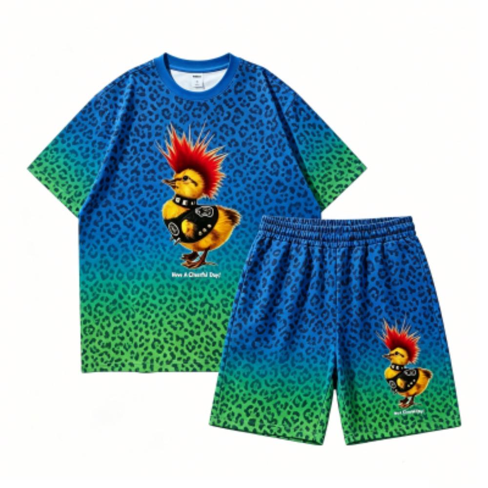 Fashion Hip Hop Chicken Printed Outdoor Street Women's T-shirt and Shorts 2 Piece Set Summer Casual Outfit Men's and Women's Sports Set
