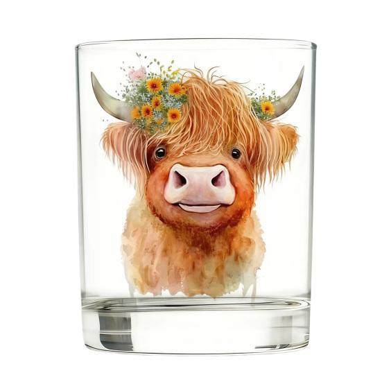 Bicchiere in Vetro Mucca delle Highlands, Bicchiere Termico Acquerello Floreale Dipinto a Mano, Tazza Trasparente per Latte Caffè Whiskey, Regalo per Amanti degli Animali