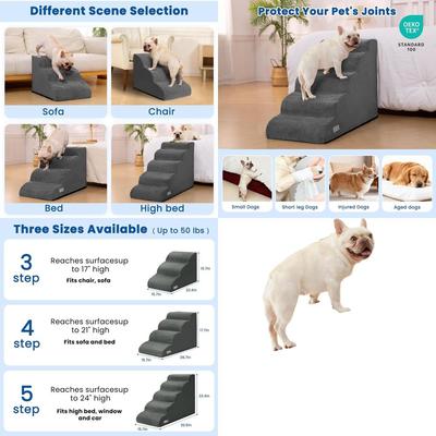 Escaleras para Mascotas de 5 Escalones para Perros Pequeños: Antideslizante, Funda Lavable, Gris