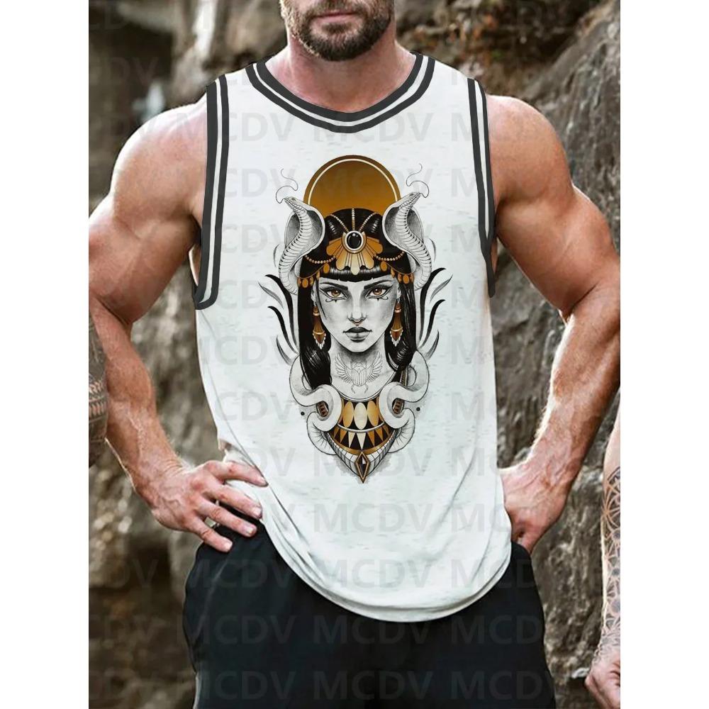 Men s Dark Green Striped Goddess Snake Retro Pattern Print Round Neck Casual Tank Top Men Summer Tops S