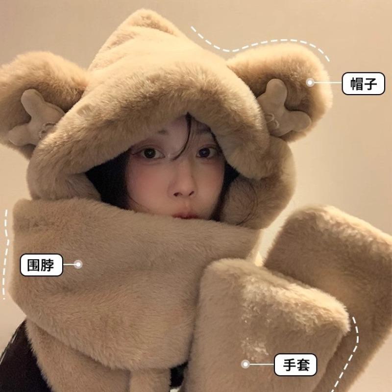 Bear ears hat scarf integrated women's winter cute plush thickened warm scarf gloves three-piece set
