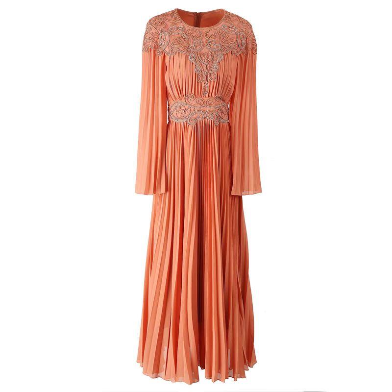 

Palace Style Spring 2025 Summer New High end Heavy Industry Embroidered Pleated Long dress Light Luxury Fashion Big Hemline Dress Orange color S