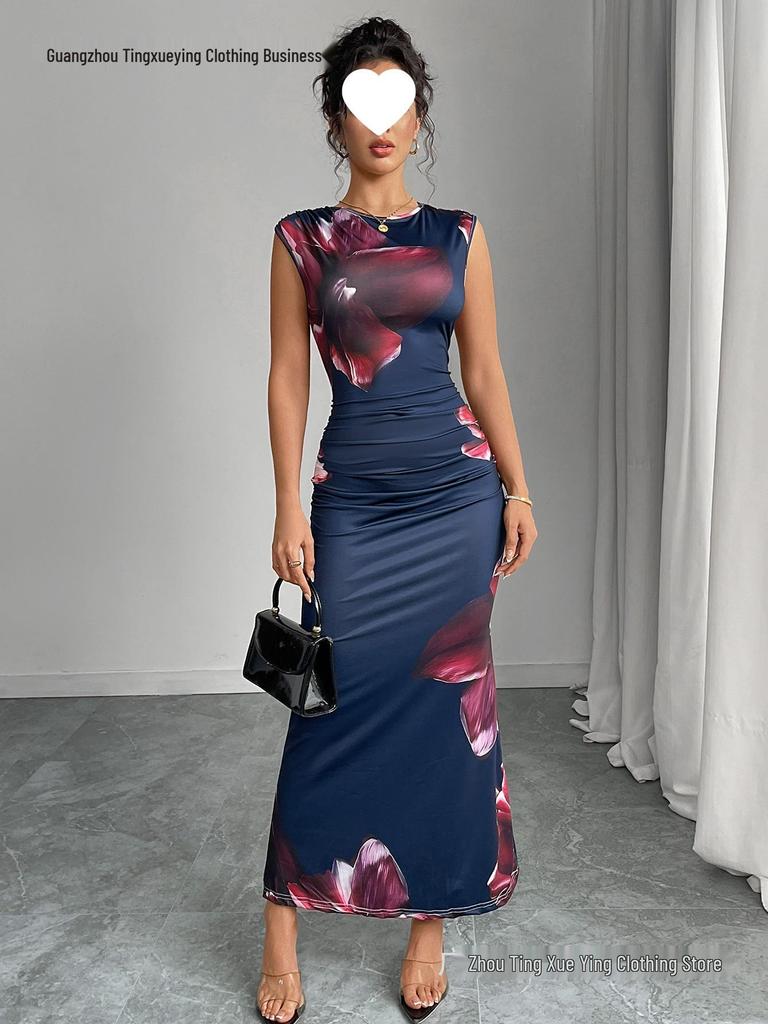 European & American Sleek Sleeveless Printed Bodycon Sheath Dress