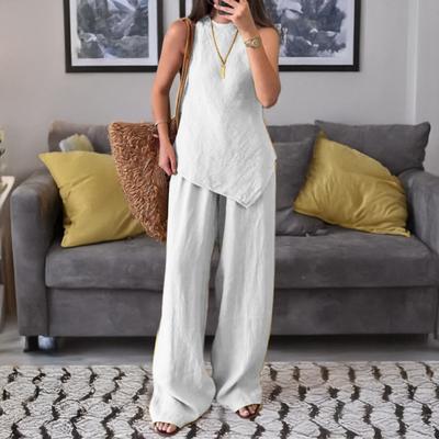 Women's Irregular Hem 2 Piece Outfit Sleeveless Crew Neck Top Wide Leg Pants Lounge Set Summer Casual Tracksuit