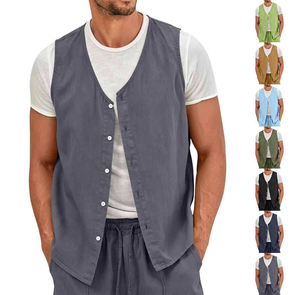Men's Lightweight Button Front Linen Vest Sleeveless Casual Summer Shirt Non-Iron Breathable Fabric Relaxed Fit