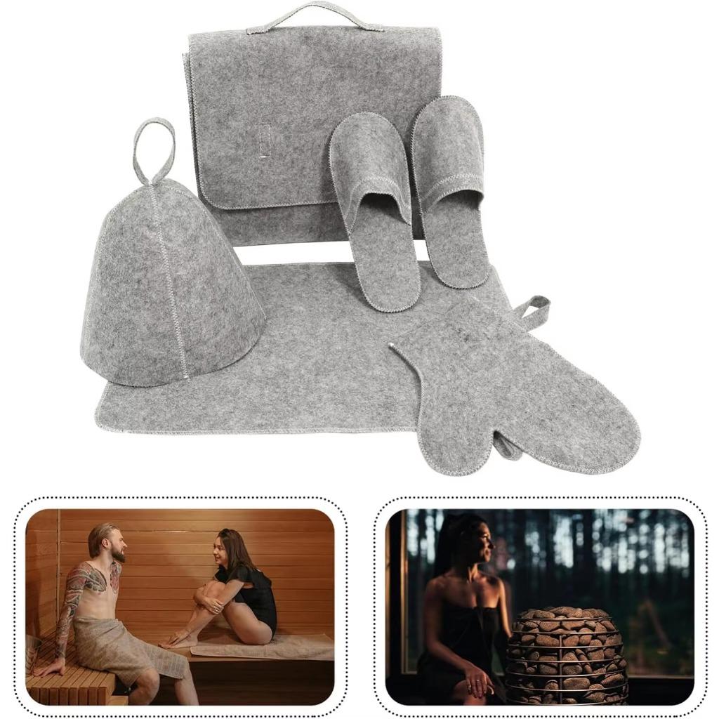 5-Piece Sauna Accessory Set Wool Felt Gloves Slippers Seat Cushion & Hat with Storage Bag for Hair Drying & Cleaning