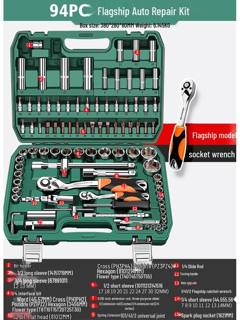 Green Forest Auto Repair Tool Set: Socket Wrench, Ratchet, Combination Tool Box.