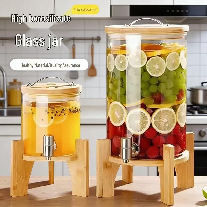 ZISIZ Heat-Resistant Glass Beverage Dispenser with Stainless Steel Spigot and Bamboo Stand