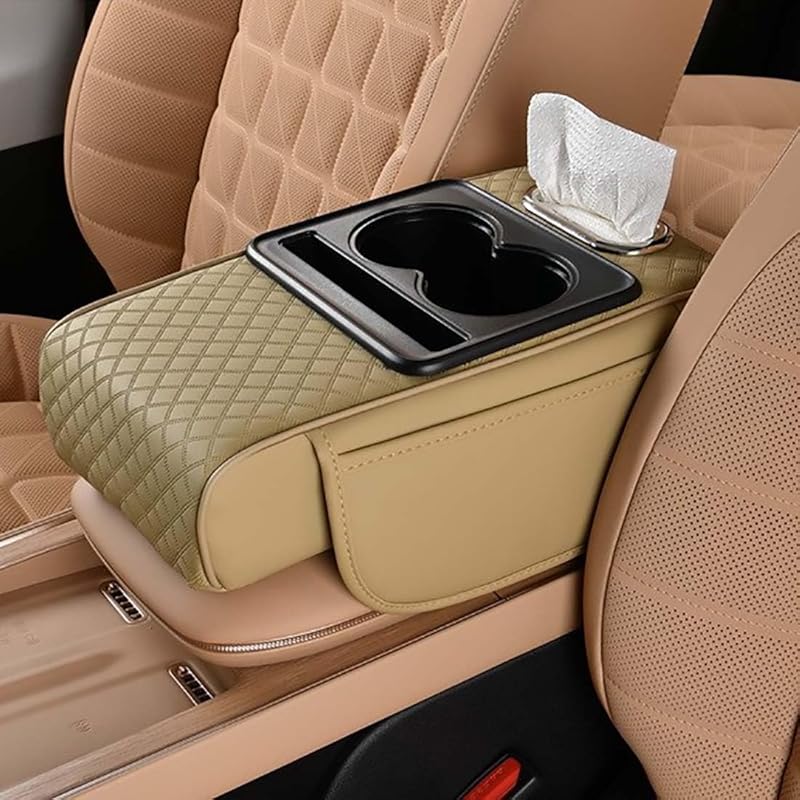 Car Armrest Cushion for SUV with Cup Holder 2.75" Height,5-in-1 Center Console Cover with 2 Storage Bags, Tissue Box Slot, Phone Slot for Sedans, Car