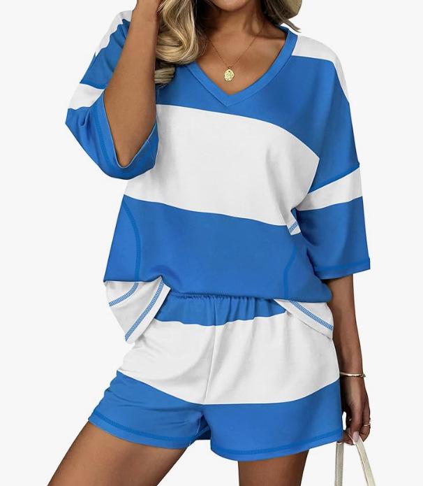 Spring/Summer Women's Striped Short-Sleeve Top & Casual Shorts Two-Piece Sportswear Set