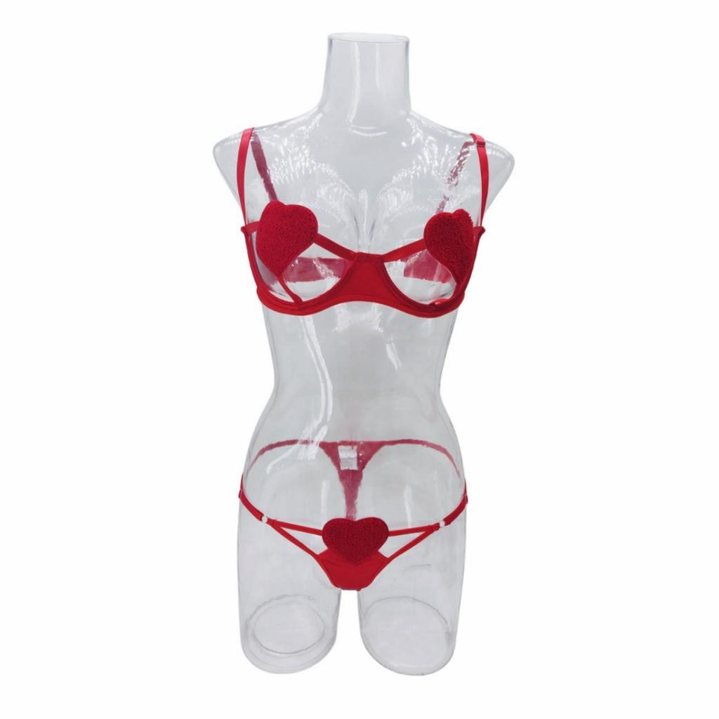 New Sexy Hollowed-out Love Girl Three-point Erotic Underwear Set
