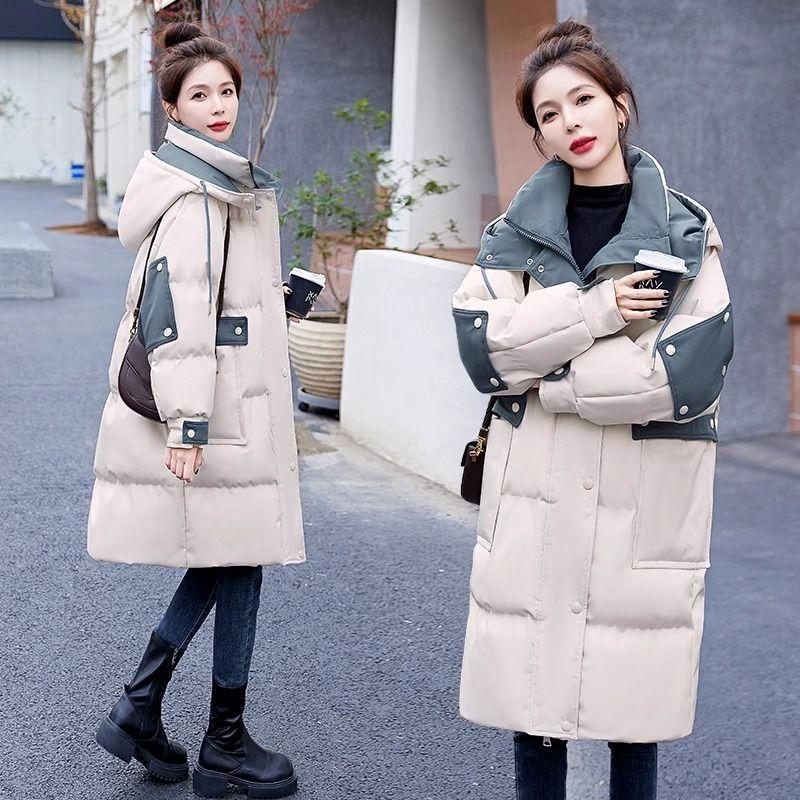 Chaqueta de invierno de patchwork de moda para mujer, abrigo acolchado de algodón de longitud media