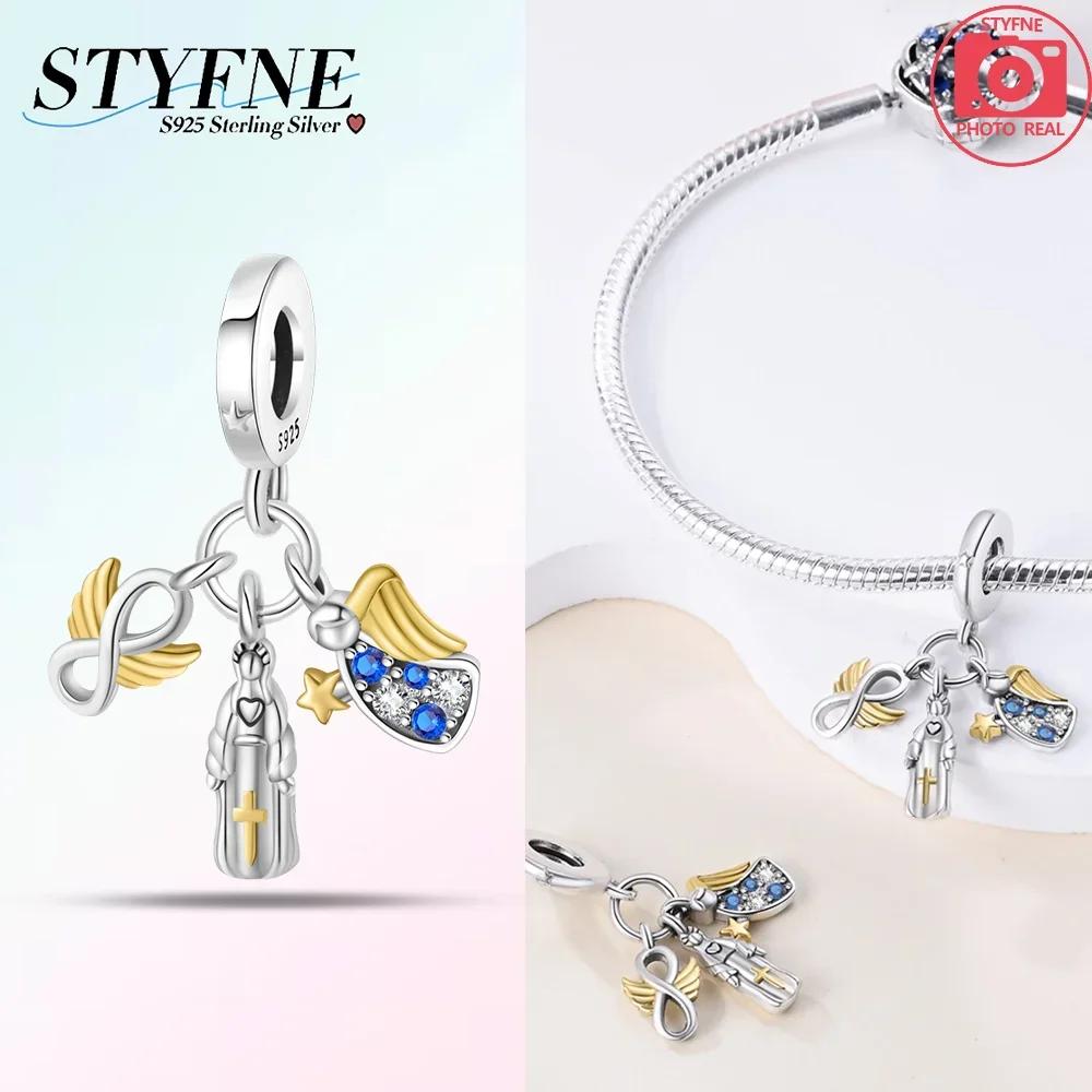 Original Charms Blue Cross Religious Winged Angel Gold Beads Fit Bracelet Copper Women Diy Fine Gift Accessory Set