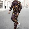 Men Navy Blue White Water Drop Floral Decor Print Long Sleeve Sweatshirt Jogger Pants Two Piece Suit