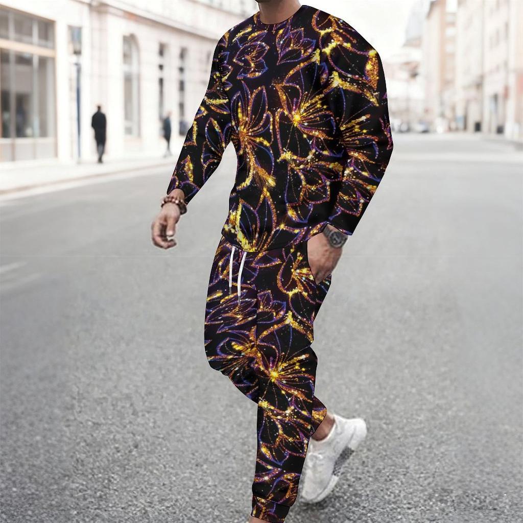 Men Navy Blue White Water Drop Floral Decor Print Long Sleeve Sweatshirt Jogger Pants Two Piece Suit