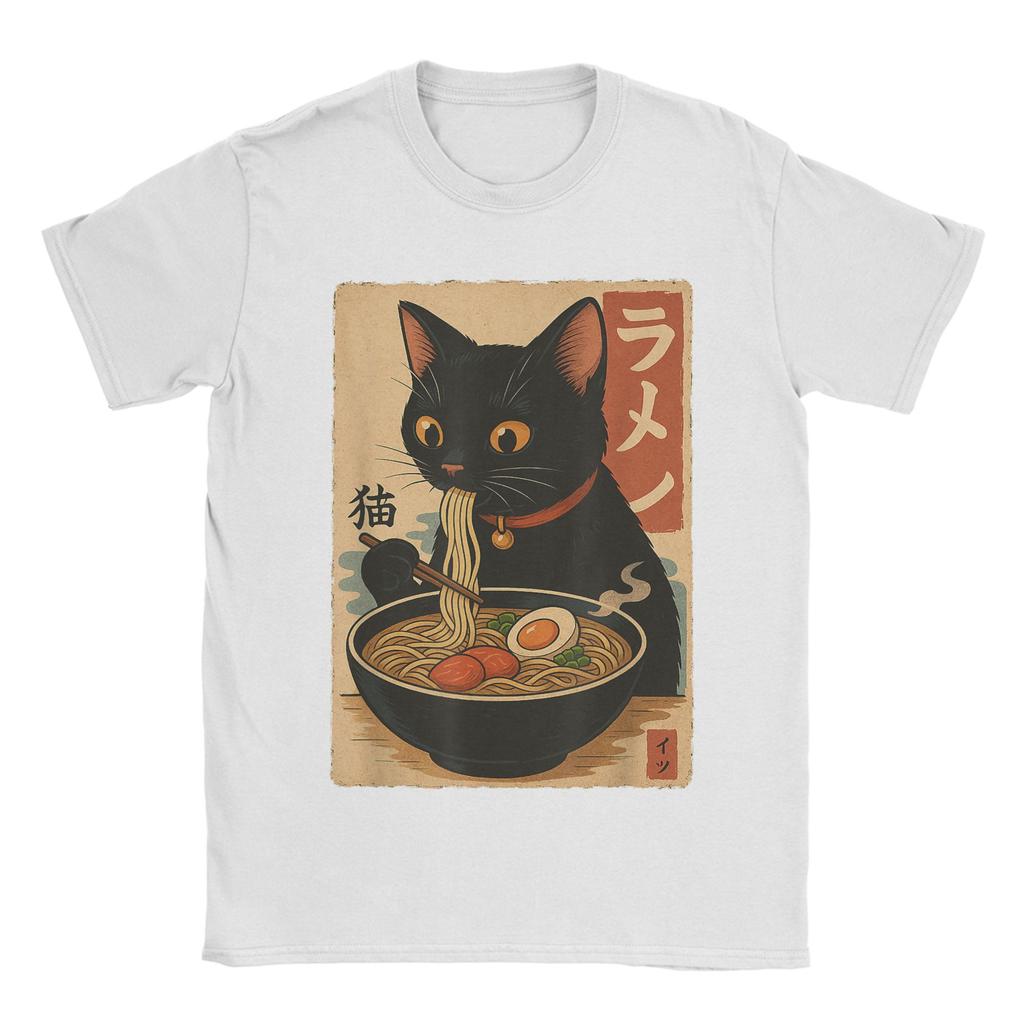 Japanese Black Cat Ramen Men's T Shirt Kawaii Noodle Cat Tee Shirt Short Sleeve Round Collar T-Shirt Pure Cotton Printed Clothes