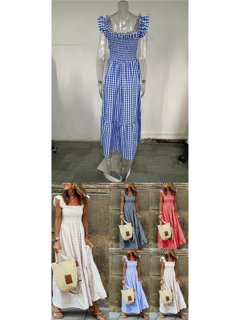 European American Women's Retro Plaid Sleeveless Maxi Dress with Thin Straps & Ruffles