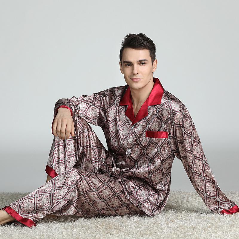 Men's Silk Print Pajamas Set - Long Sleeve Ice Silk Sleepwear for Spring/Summer, Plus Size Available