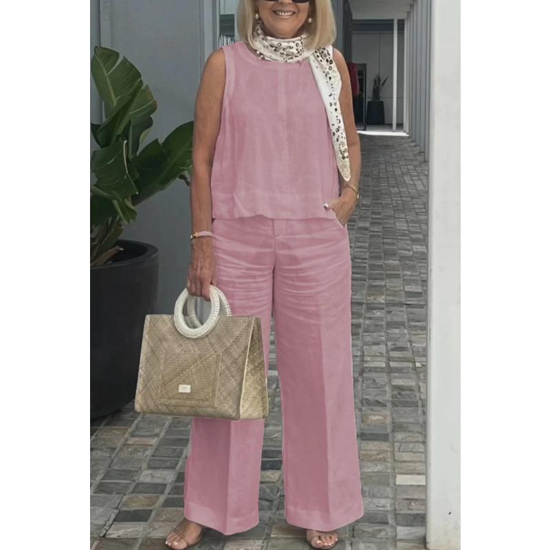 VEZFAA Pantalons décontractés à col rond pour femmes, couleur unie, imprimés, sans manches, à la mode, été, printemps