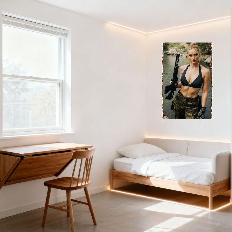 Sexy Blonde Frau mit Pistole Blechschild Vintage Metallposter für Heimbar Pub Dekoration, Rustikaler Retro Rand, 8x12 Zoll Metallwandkunst