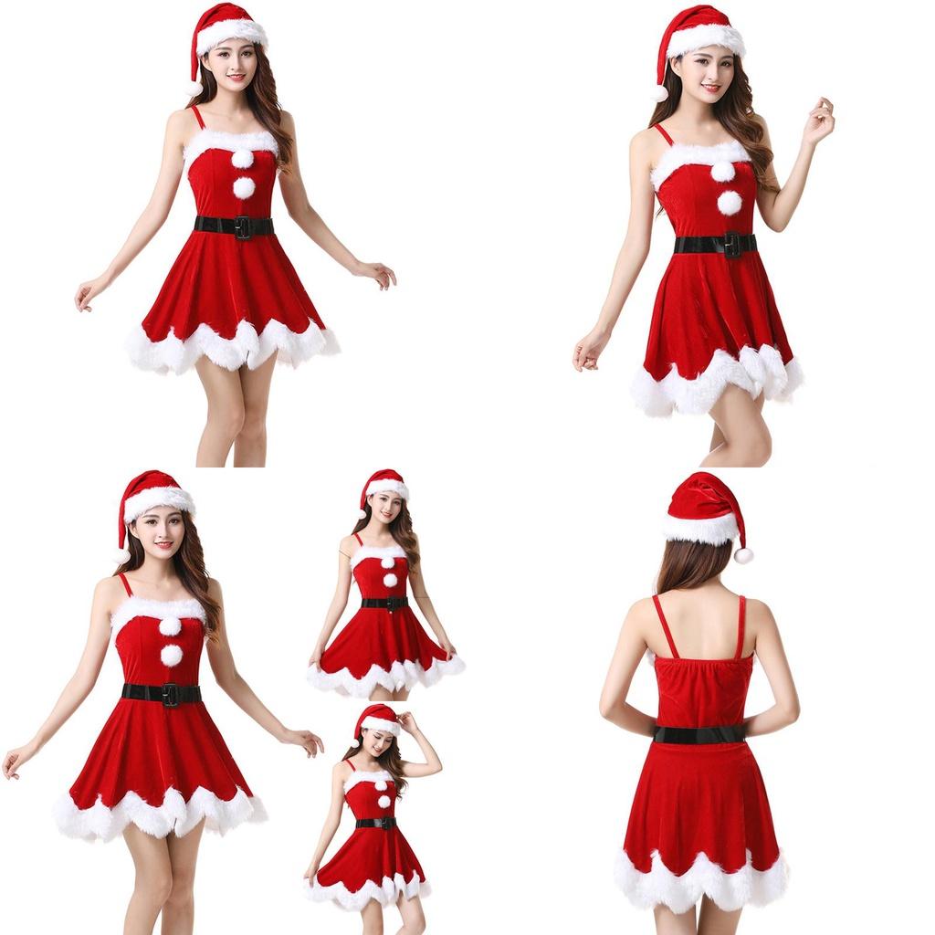 Red Velvet Women Christmas Costume With Soft Touch Santa Claus Dress And Hat