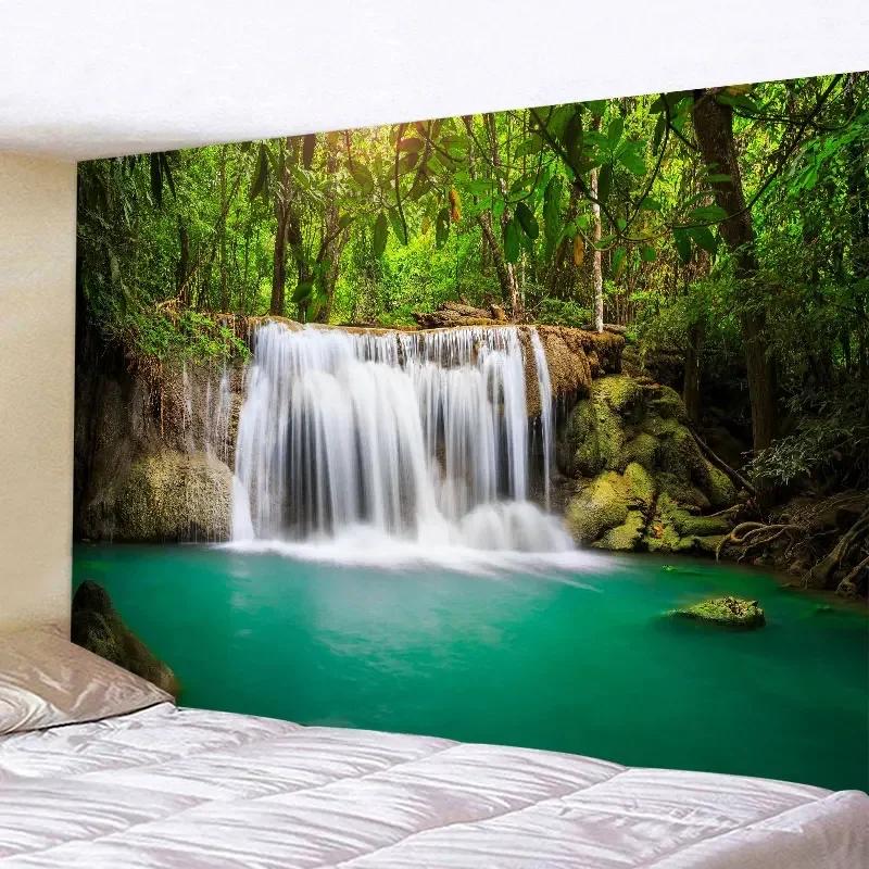 Large wall tapestry of natural forest chalet by the lake, hippie landscape art for home decoration, bohemian wall pendant inspired by nature