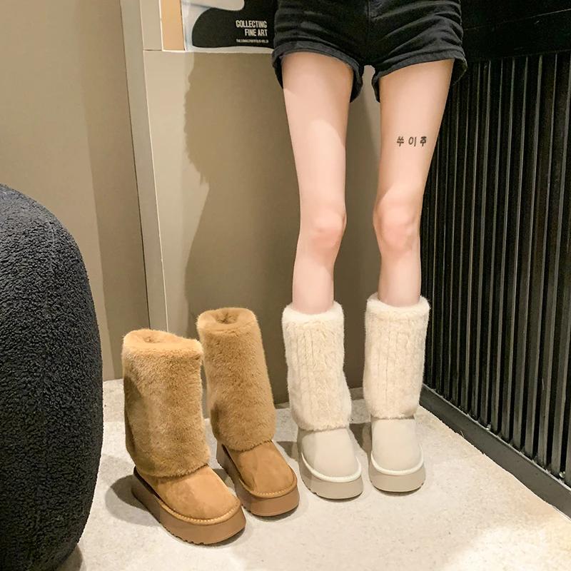 Fashion Ladies Shoes On Sale 2024 Fashion Sleeve Women Boots Winter Round Toe Suede Warm Solid Middle Tube Platform Boots Zapatos Mujer