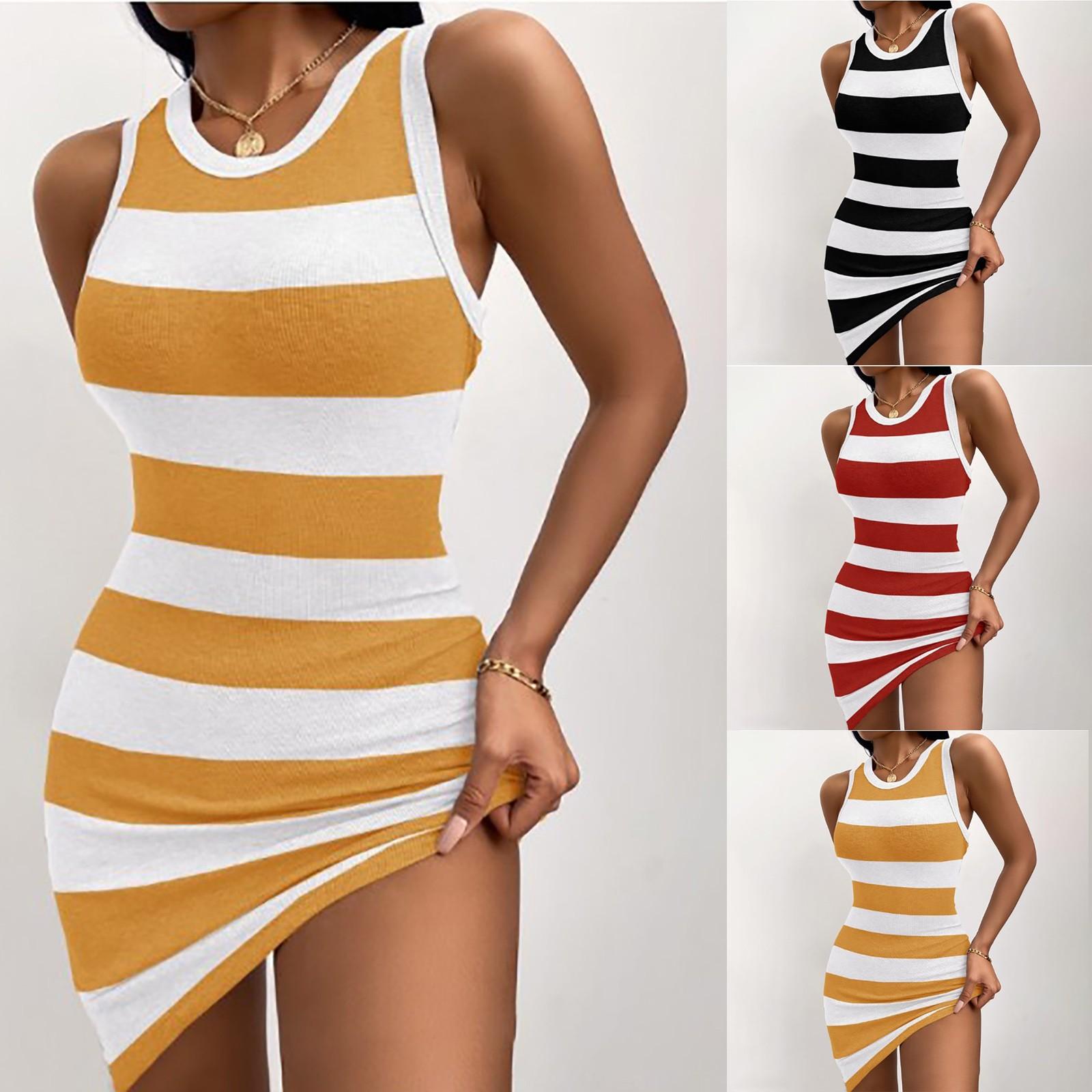

Женское сексуальное платье-майка без рукавов в полоску, облегающее мини-платье для вечеринок и клубов