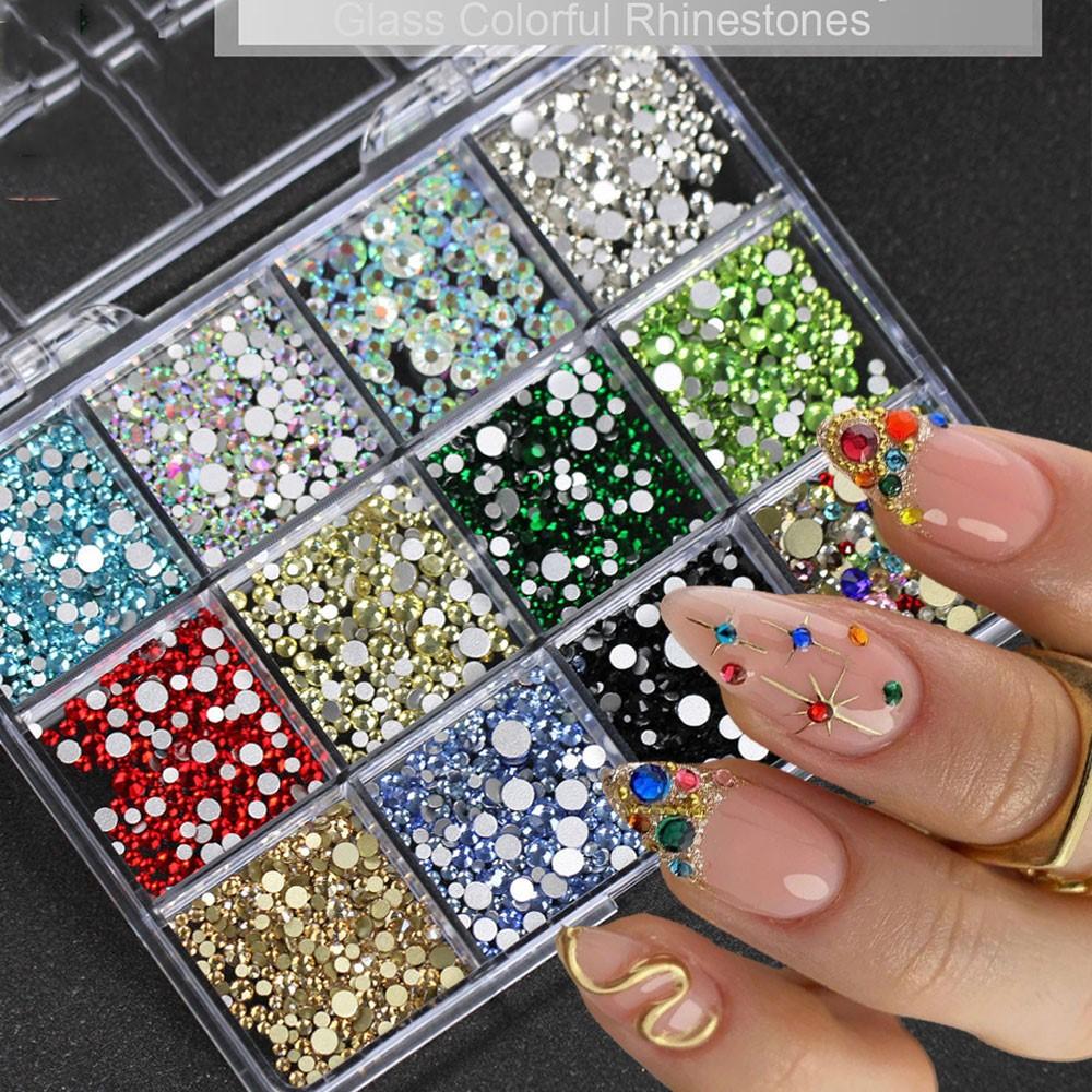 12Grids 3D Sparkling Colorful Rhinestones Nail Gems SS6-SS20 Mix FlatBack Round Nail Diamonds Bling Nail Jewelry Accessories D8#