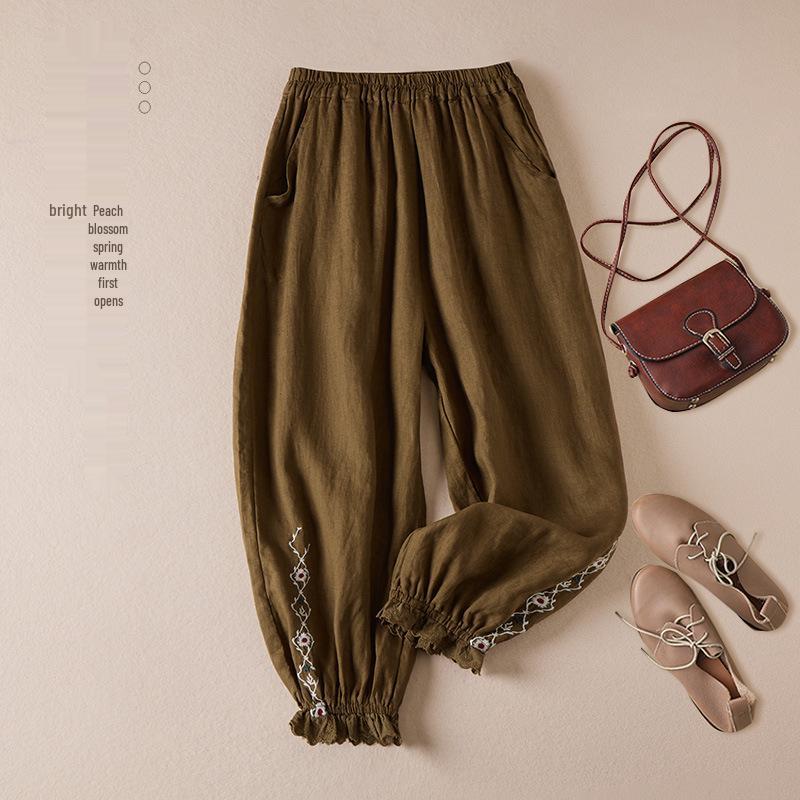 Women's Artistic Embroidery Cotton Linen Harem Pants - Slimming Casual Retro Style