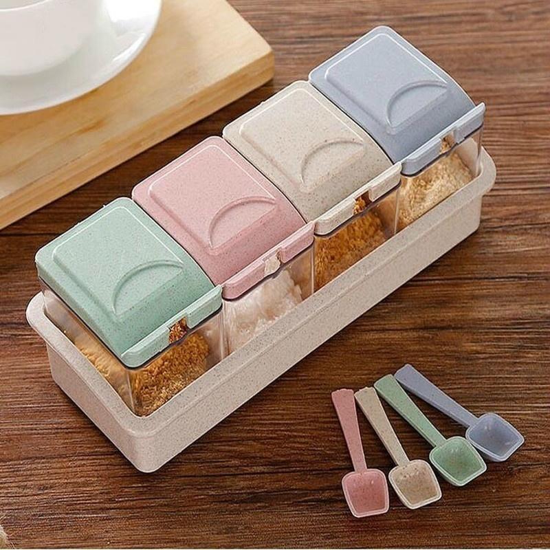 4Grid Wheat Straw Seasoning Box With Spoon Detachable Seasoning Jar Kitchen Seasoning Box Plastic Seasoning Box Bottle Can Set