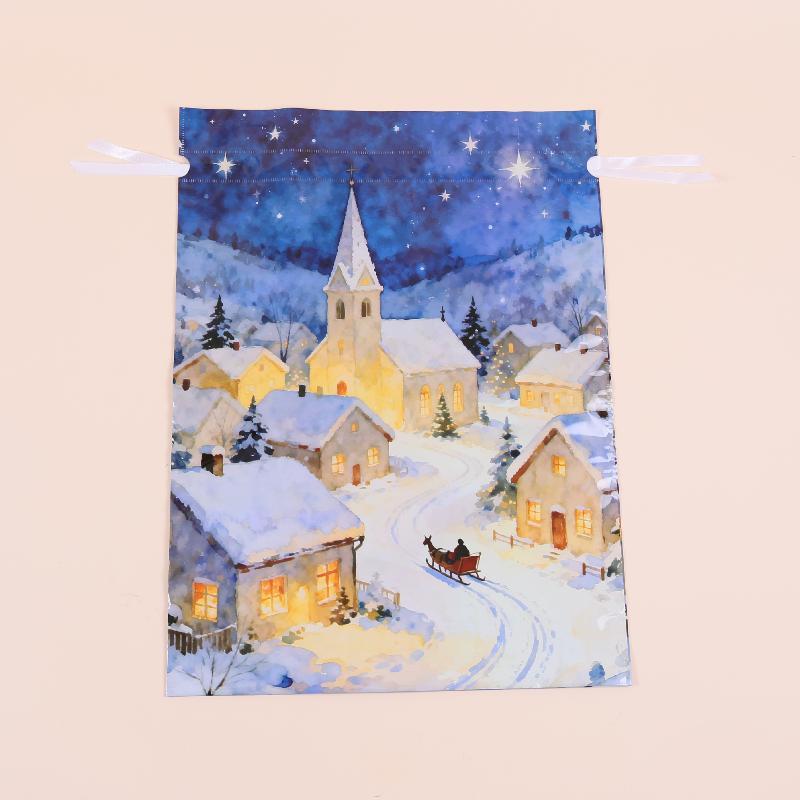 Christmas Drawstring Gift Bags with Assorted Festive Patterns Self Standing for Home Xmas Party Treat Packing