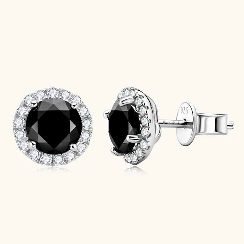 Hypoallergenic Diamond Stud Earrings 925 Sterling Silver 6MM 0.8CT Classic Black Round Moissanite Halo Stud Earrings 6mm(0.8ct)