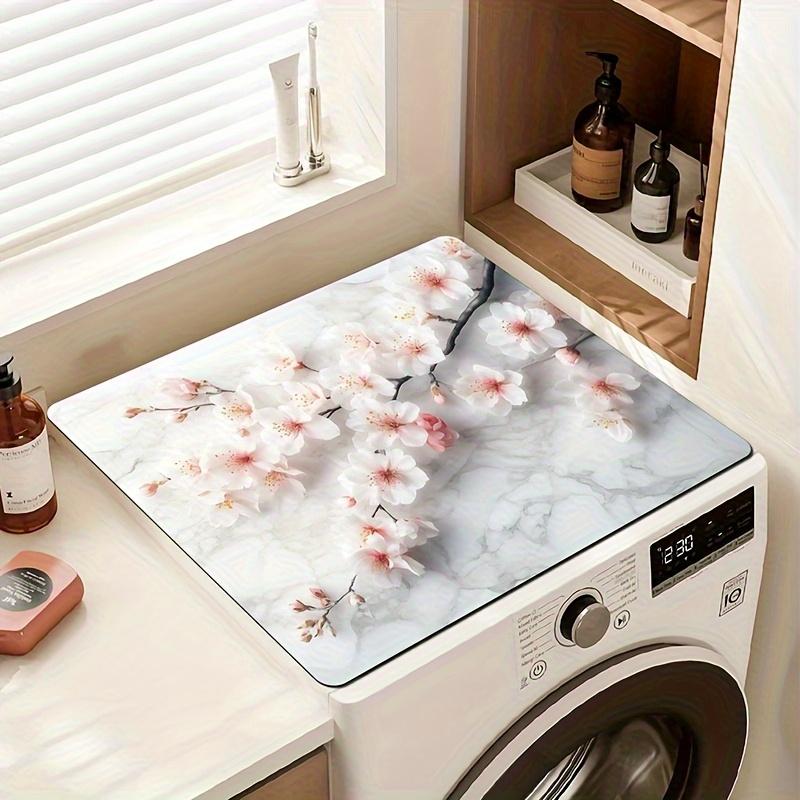 1pc  Marble-Style Washing Machine Cover with Cherry Blossom Design - Durable, Easy-Clean Mat for Washing Machines & Dryers