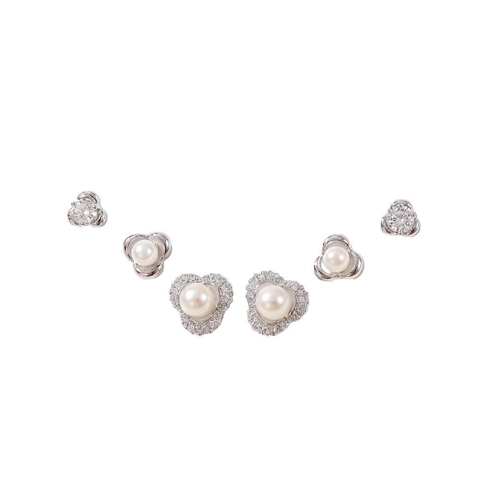 High-Quality Copper-Plated Gold Triangle Stud Earrings with Imitation Pearls - Set of Three Fashionable Pairs