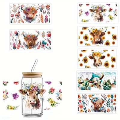 4 piezas de calcomanías de transferencia para envoltorios de tazas con estampado de vaca de las Tierras Altas, girasol, mariposa, vaca de las Tierras Altas, calcomanías de transferencia para frotar, regalos para amigos