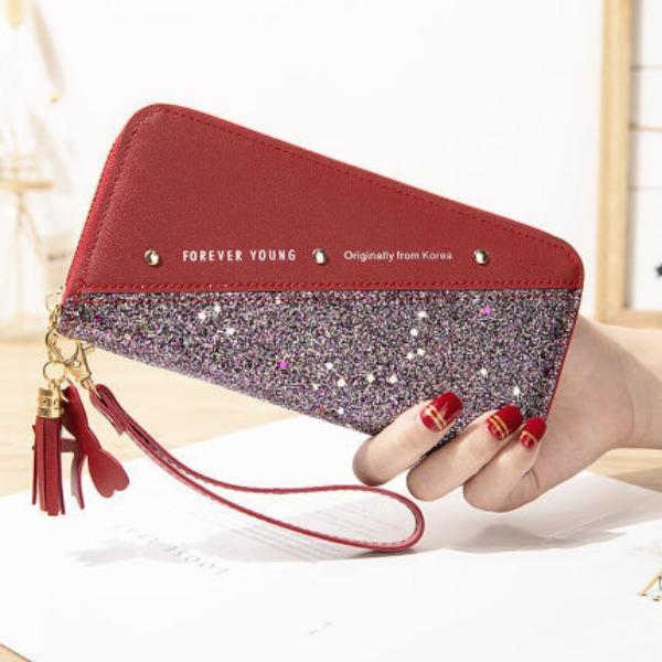 New Wallet Long Women's Zipper Wallet Women's Korean Edition Splicing Color Contrasting Tassel Versatile Card Bag Phone Bag