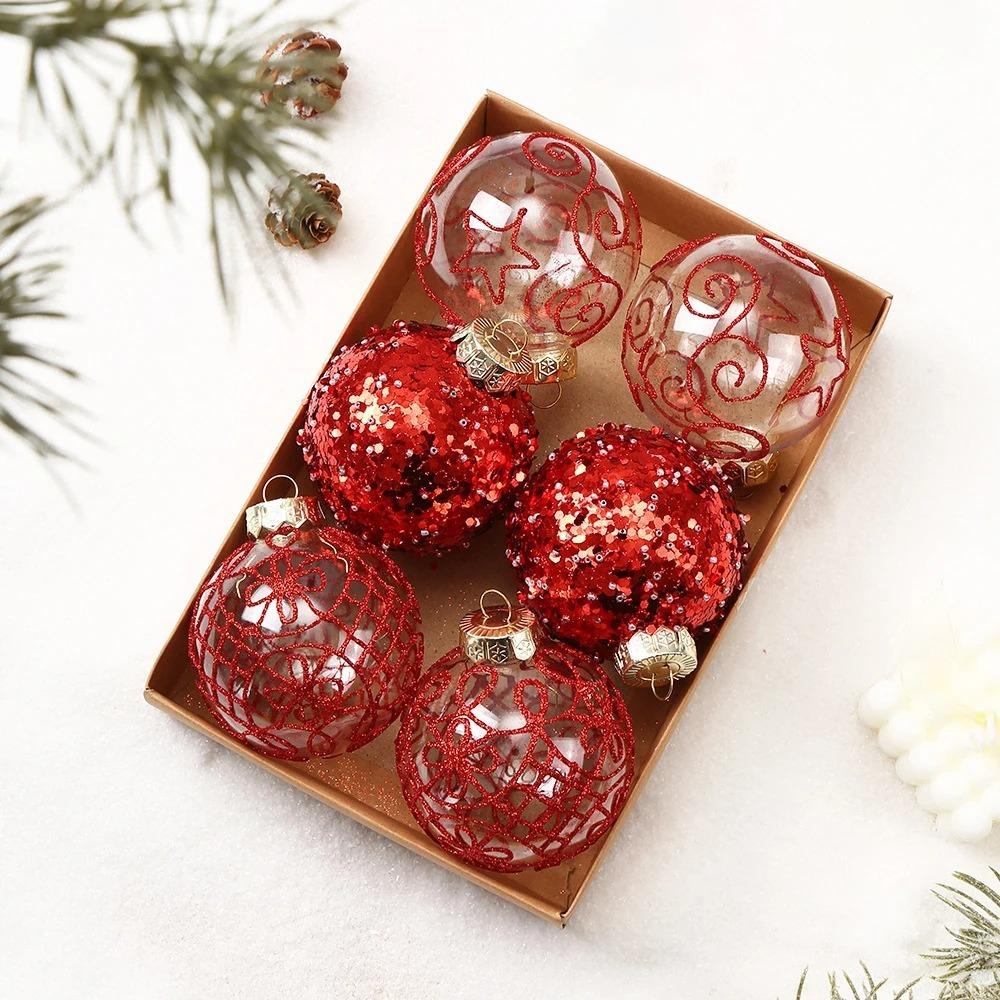 

6PCS Fashion Plastic Christmas Ball Set 8cm Gillter Christmas Tree Balls Painted Suspensable Xmas Ornament Ball Party other червоний