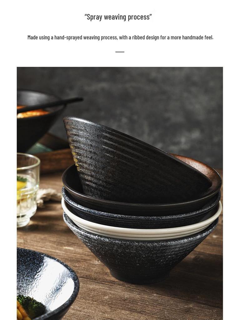 Japanese-Style Ceramic Ramen Bowl - Large Retro Conical Hat Design for Soup, Salad, and Noodles