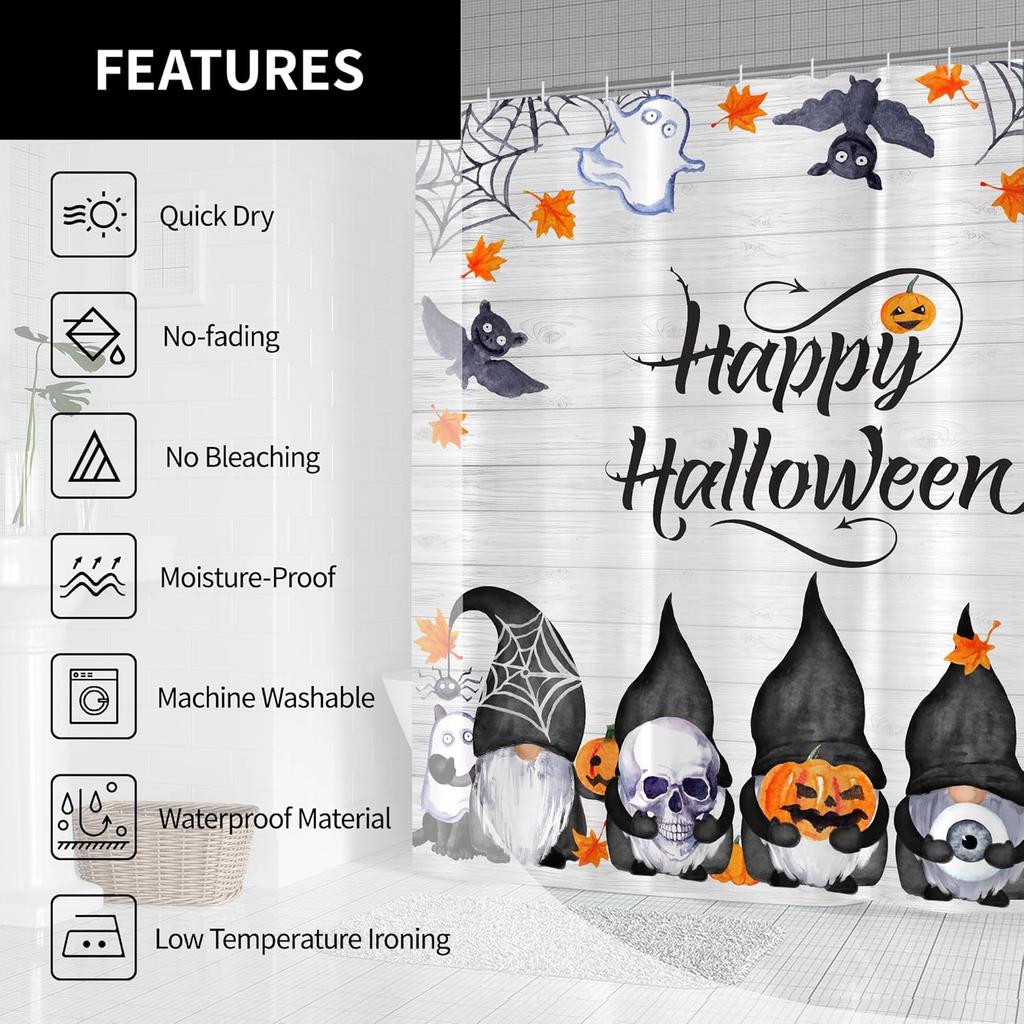 Halloween Shower Curtain Gnomes Pumpkins Ghosts Bats Spiders Happy Halloween Bathroom Decor Waterproof Fabric Festive Party