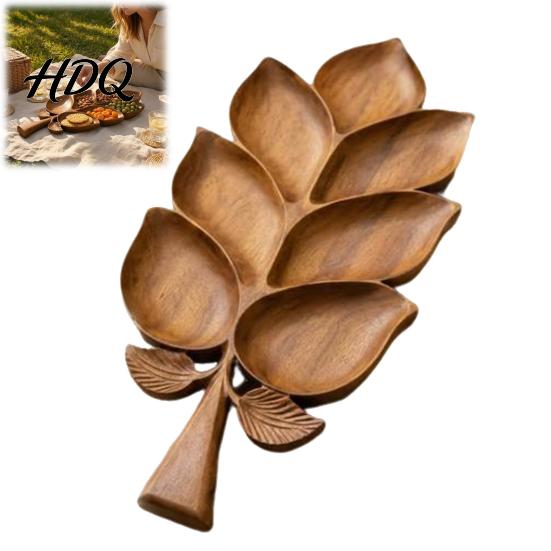 Natural Grain Wood Serving Piece Wooden Leaf Tray 7 Compartment Snack Platter Dry Fruit & Nuts Rustic Farmhouse Home Decor Dish Decorative
