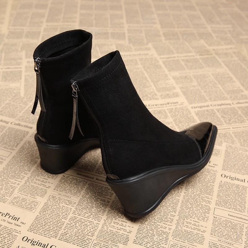 Wedge Heel Booties Fall  New Square Toe Paneled Suede Rear Zipper Soft Slip Booties