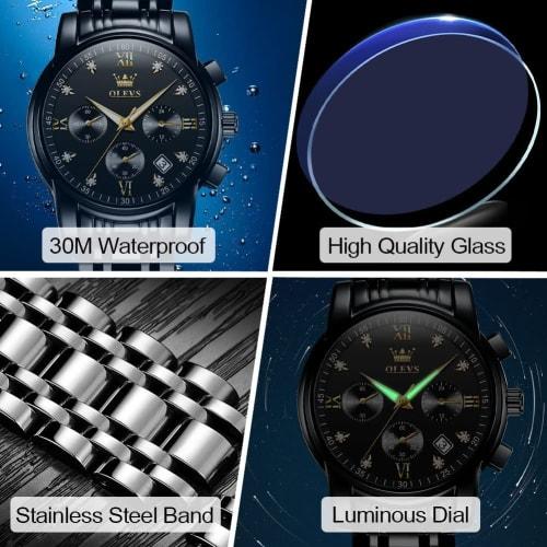 Olevs Men's Watch: Black Quartz, Waterproof, Analog, Business Watch with Date Display, Metal Band, Black Chronograph, Large Watch for Men, Casual Fash