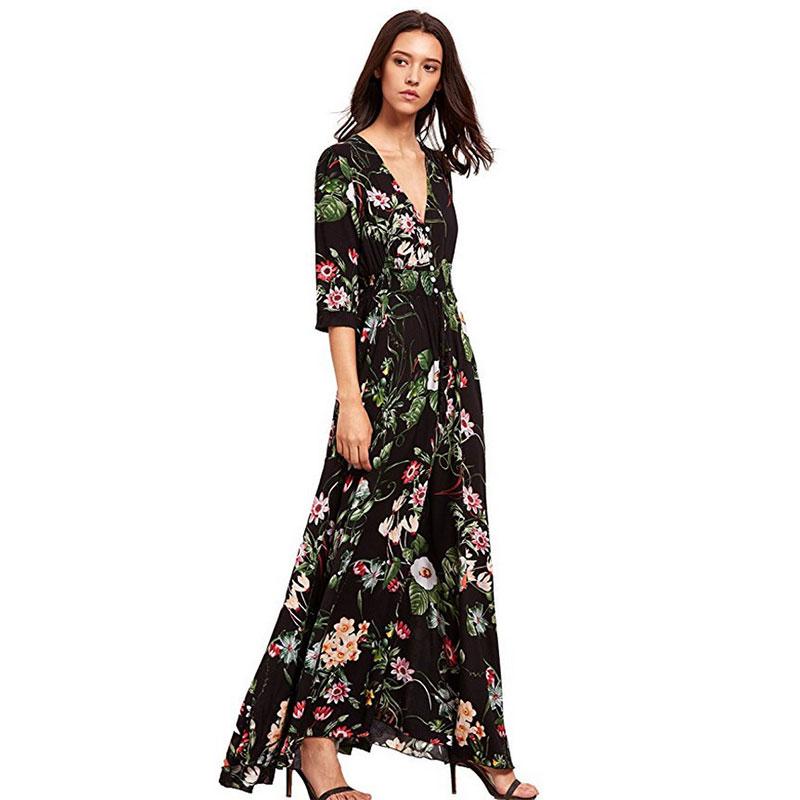 Robe longue ample à col en V et motif ethnique vintage bohème pour femme