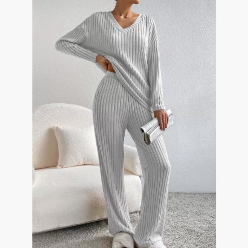 Casual 2-Piece Set with Long-Sleeved V-Neck Top and Striped Trousers