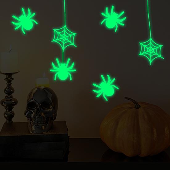 Self Adhesive Spooky Room Accents Glow In The Dark Halloween Stickers, Scary Spider And Web Luminous DIY Haunted House Layout Supplies Wall